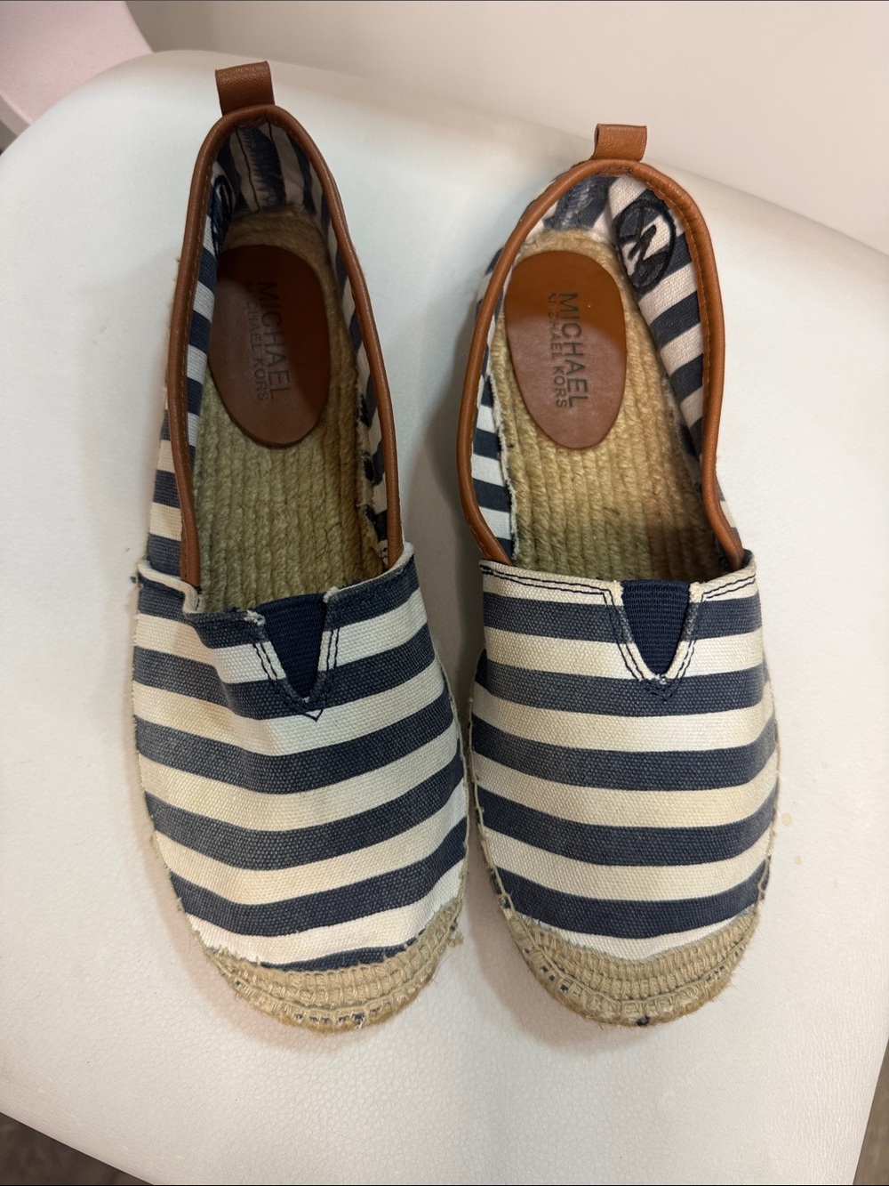 Michael Kors Navy & White Striped Espadrille Flats with Brown Trim